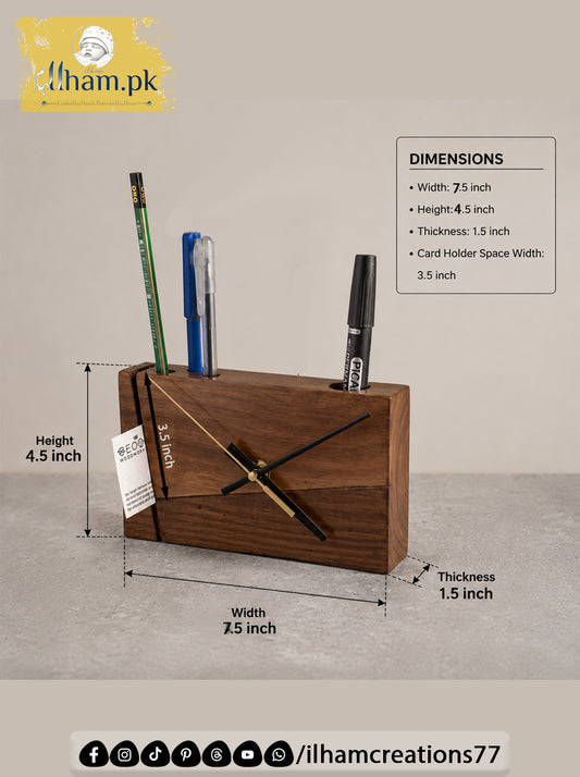 Wooden Office Table Clock with Pen & Marker Stand - Ilham Creations