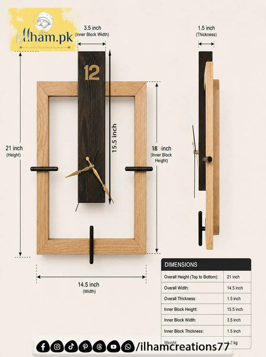 Frame Shape Wooden Wall Clock in Black Antique and Natural Wood Color - ilham Creations - ilham Creations