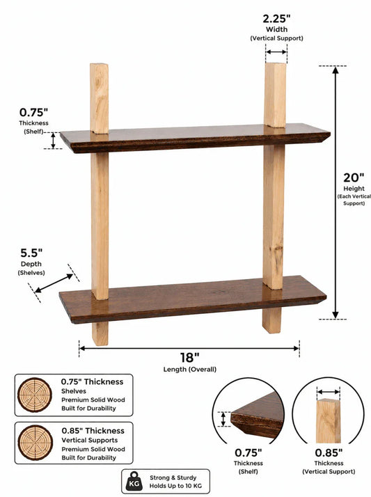 Ilham Handmade Wooden Two-Tier Wall Shelf | Solid Wood Floating Display Shelf | 18" W x 5.5" D x 20" H | Rustic Decorative Storage Shelf for Living Room, Bedroom, Bathroom, Office & Kitchen - ilham - Crafted by Hands, Perfected by Heart
