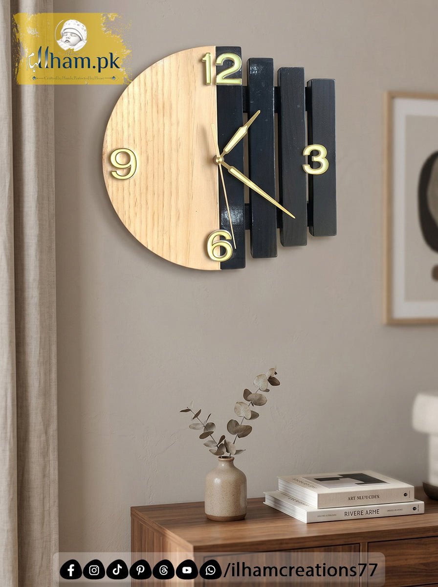 Luna Arc Modern Geometric Wooden Wall Clock Pakistan | ilham.pk - ilham - Crafted by Hands, Perfected by Heart