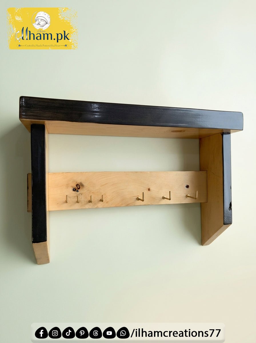 Multipurpose Wooden Keychain Holder with Hanger Hooks and Top Shelf - Wooden Entryway Organizer - ilham Creations - ilham Creations