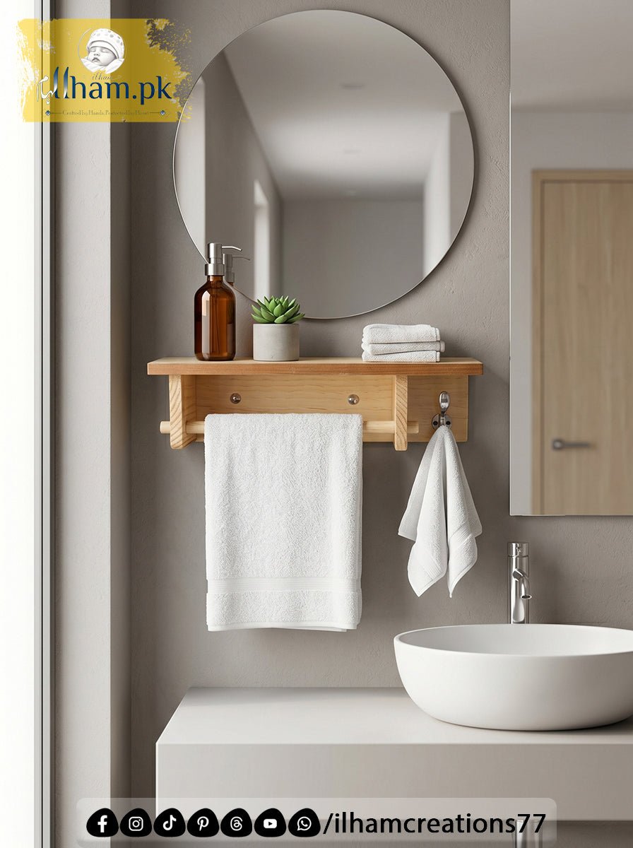 Wooden Bath & Hand Towel Hanger with 1 Utility Hook and Storage Shelf | Ilham.pk - ilham Creations