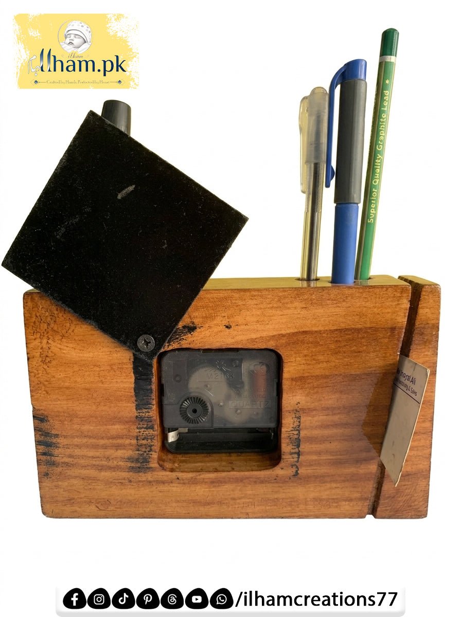 Wooden Office Table Clock with Pen & Marker Stand - Ilham Creations - ilham Creations