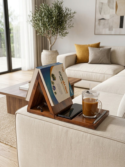 Foldable Wooden Sofa Arm Book Stand & Organizer | Reading Companion