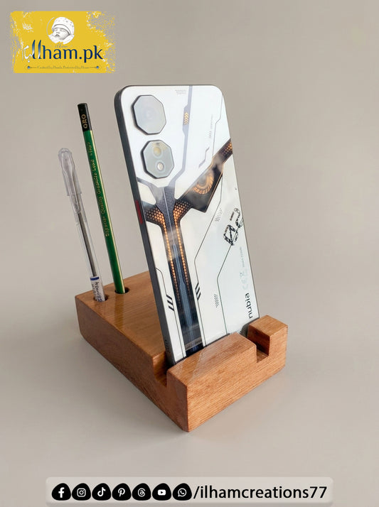 Elegant Wooden Mobile Stand with Pen Stand | ilham.pk