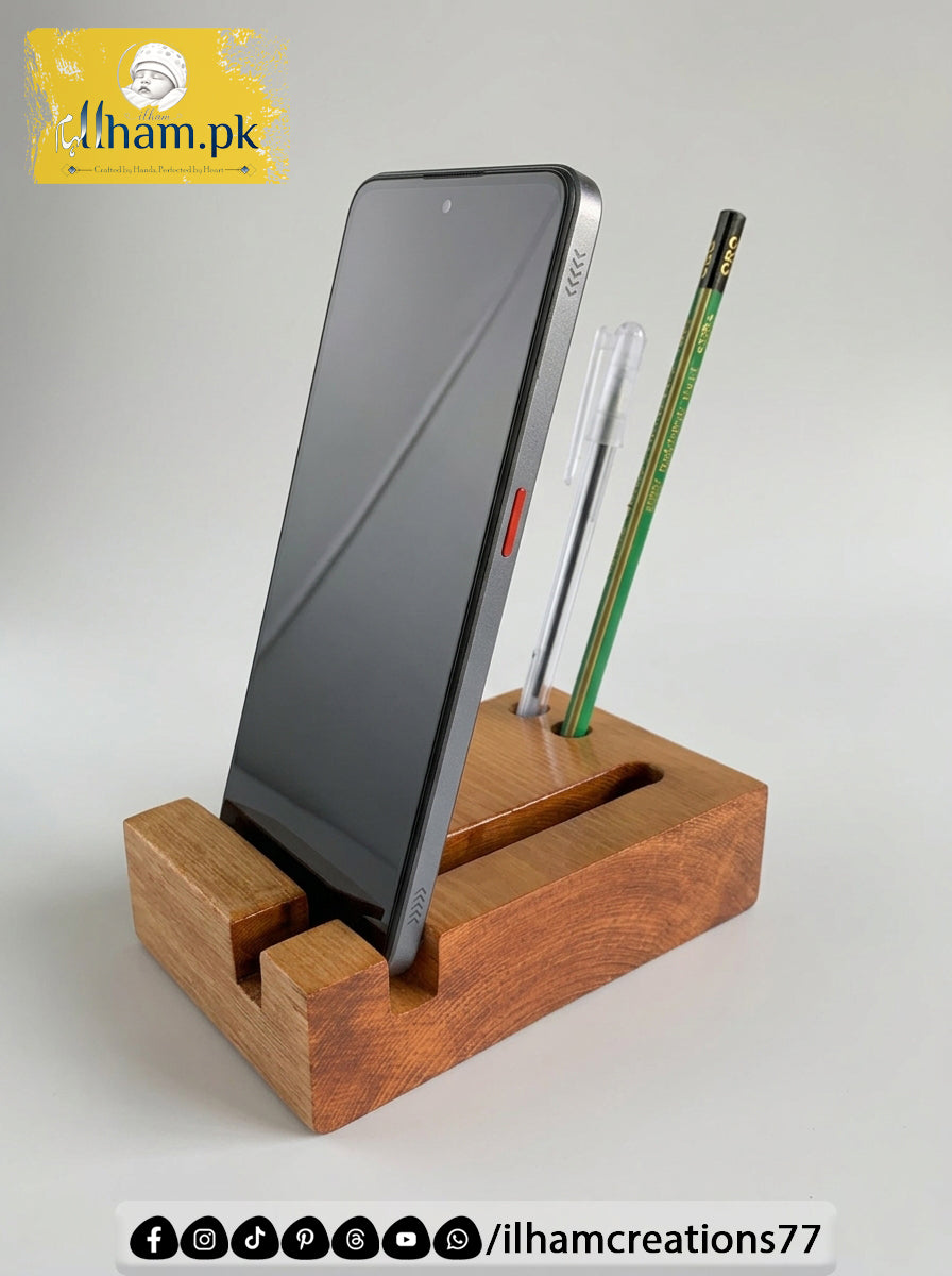 Elegant Wooden Mobile Stand with Pen Stand | ilham.pk