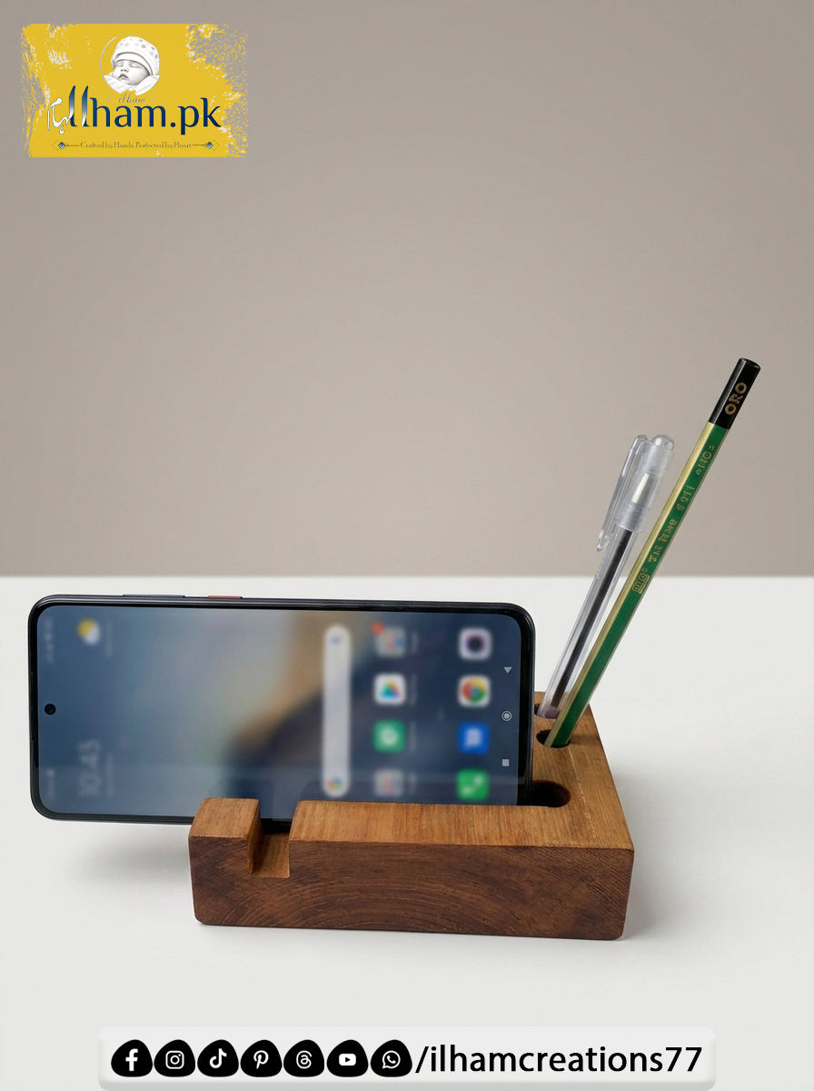 Elegant Wooden Mobile Stand with Pen Stand | ilham.pk