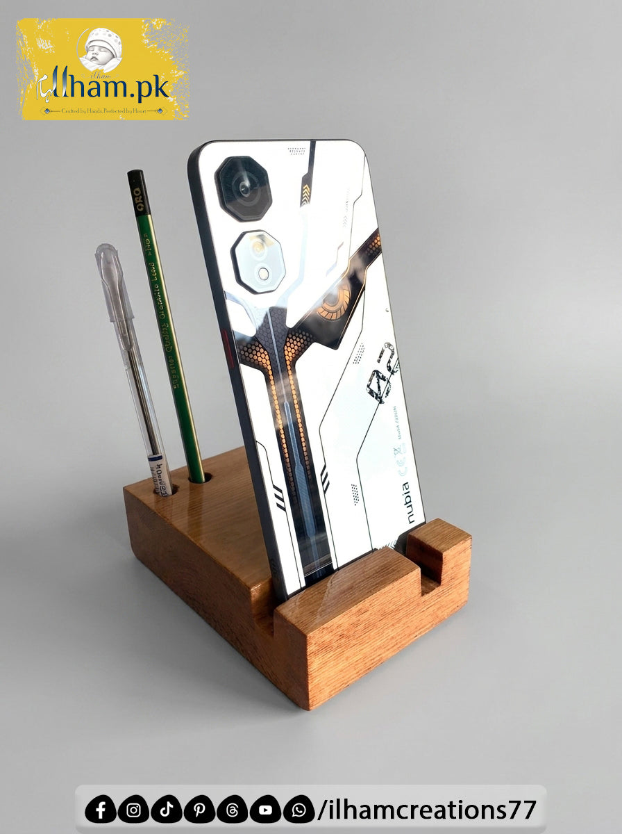 Elegant Wooden Mobile Stand with Pen Stand | ilham.pk