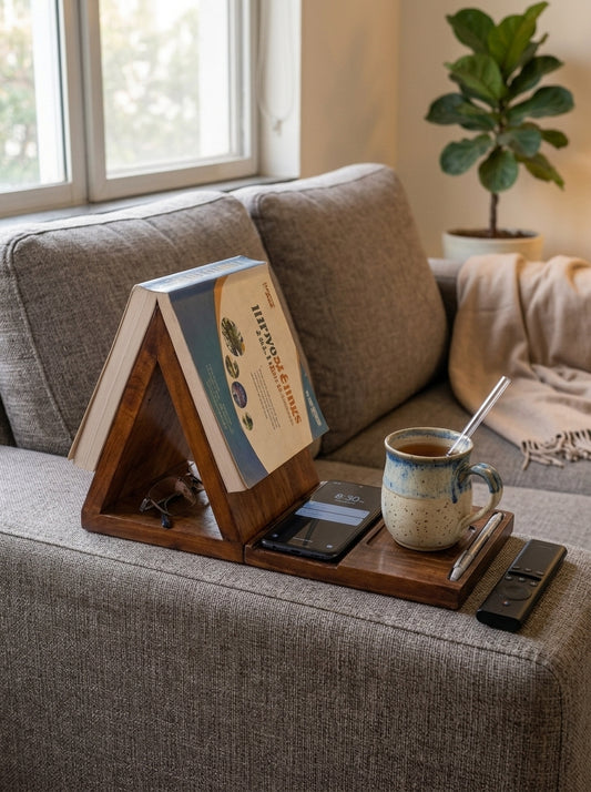 Foldable Wooden Sofa Arm Book Stand & Organizer | Reading Companion