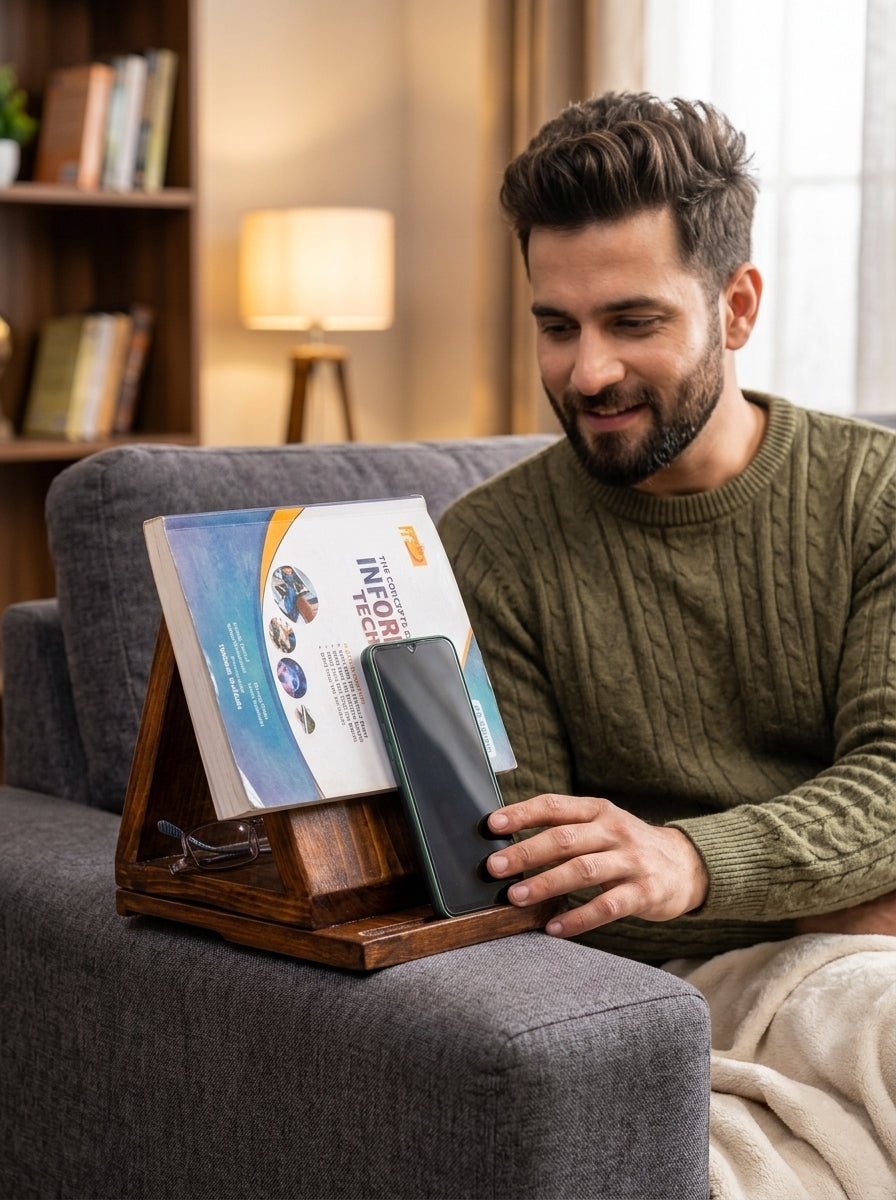 Foldable Wooden Sofa Arm Book Stand & Organizer | Reading Companion