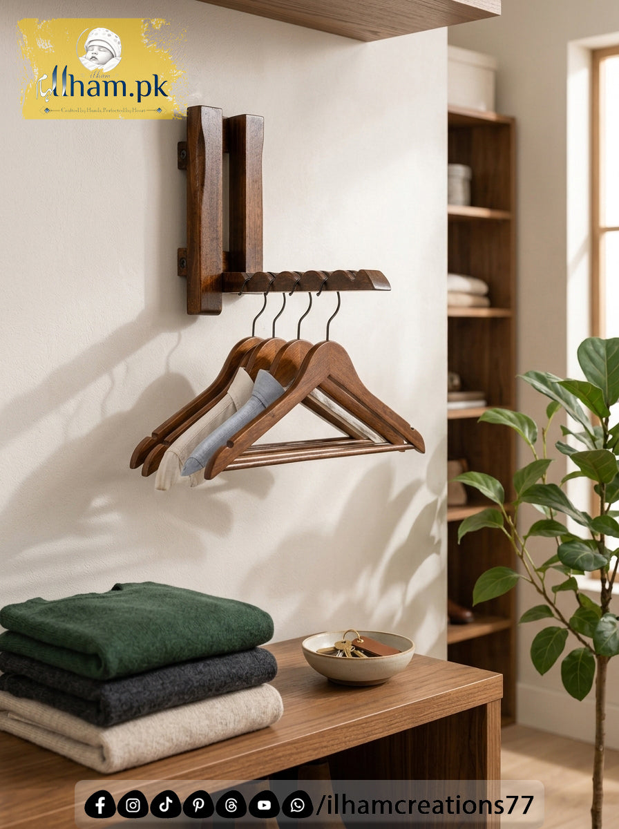 Mini Wooden Wall Mounted Hanger for 4 Clothes Hangers - Ilham Creations