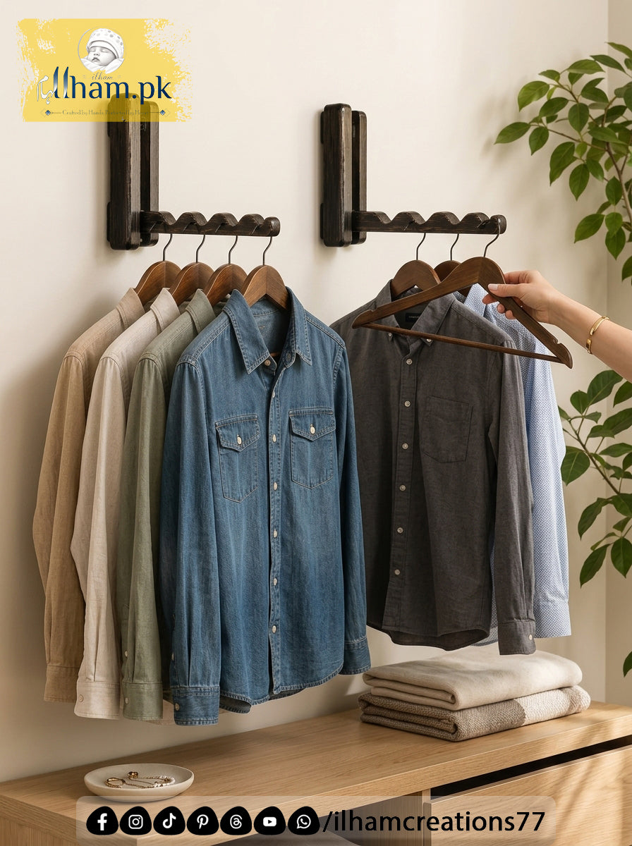 Mini Wooden Wall Mounted Hanger for 4 Clothes Hangers - Ilham Creations
