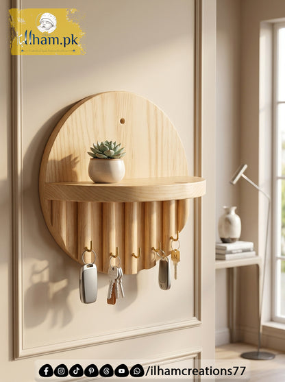 Premium Wooden Luna Wall Key Holder with Shelf for Home Entrance | ilham.pk