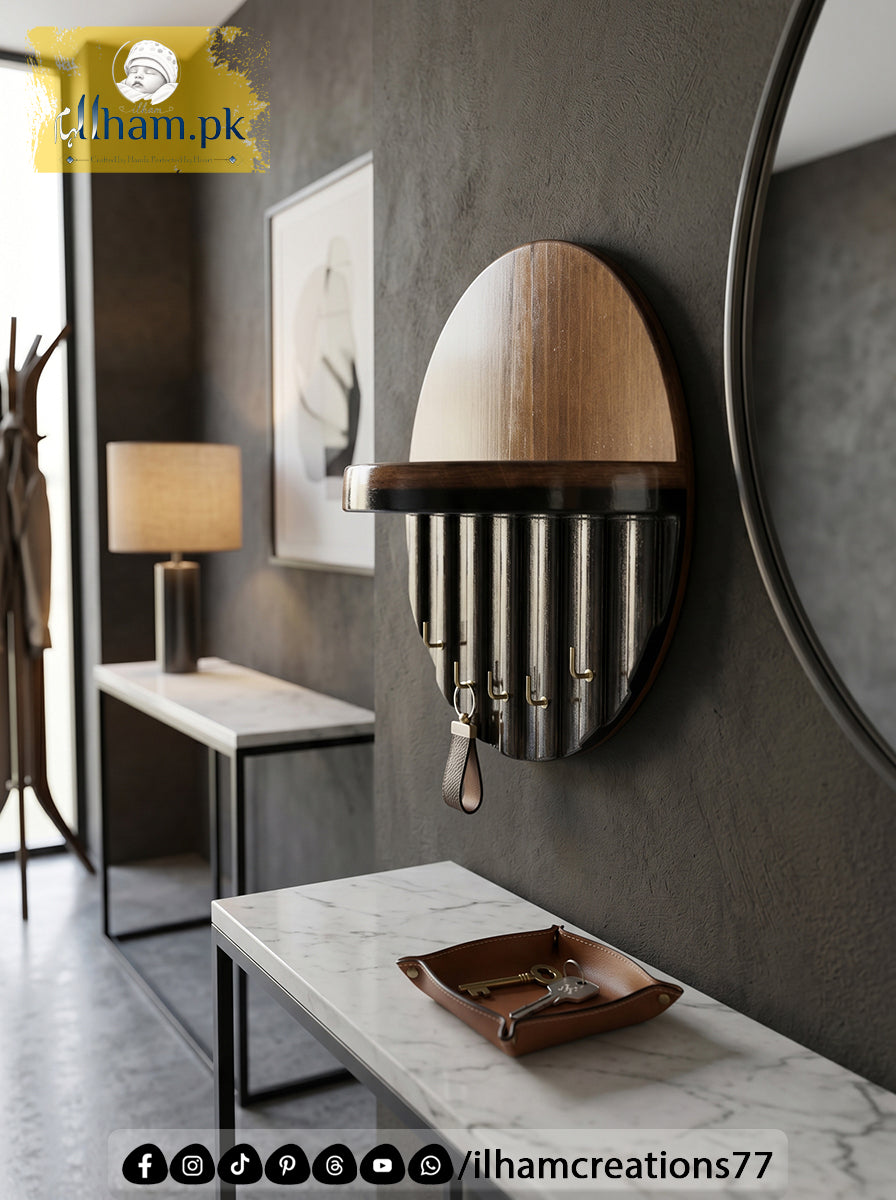 Premium Wooden Luna Wall Key Holder with Shelf for Home Entrance | ilham.pk