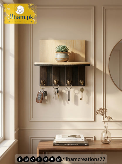Wooden 4 Hook Key Chain Holder with 11x6 inch Wide Storage Shelf | Ilham.pk