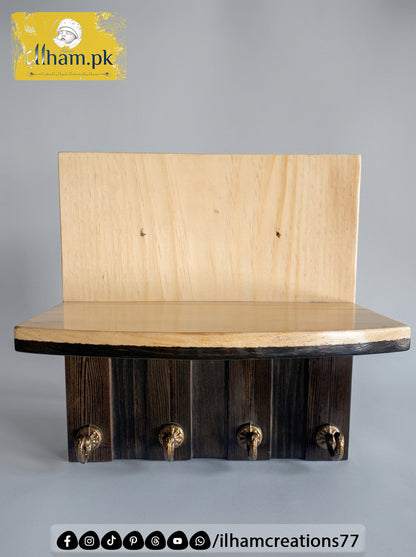 Wooden 4 Hook Key Chain Holder with 11x6 inch Wide Storage Shelf | Ilham.pk
