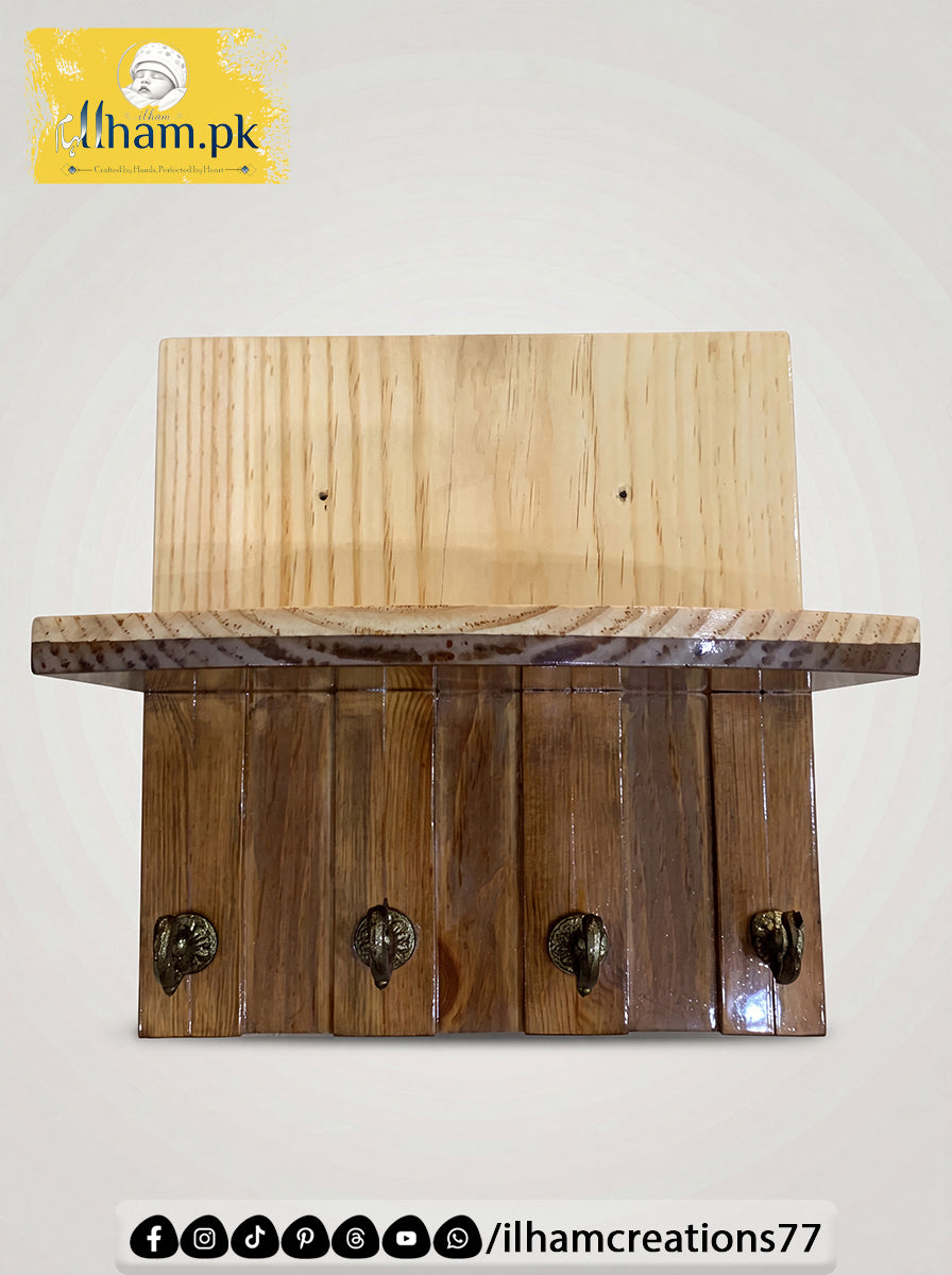 Wooden 4 Hook Key Chain Holder with 11x6 inch Wide Storage Shelf | Ilham.pk