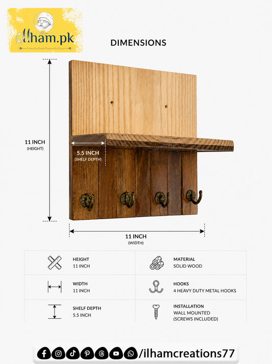 Wooden 4 Hook Key Chain Holder with 11x6 inch Wide Storage Shelf | Ilham.pk
