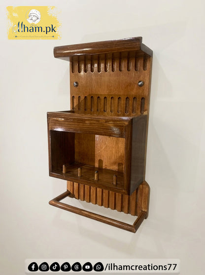 Wooden 4in1 Quran Hakeem Holder with Prayer Mat and Tasbeeh Hanger and Book Shelf | ilham Creations