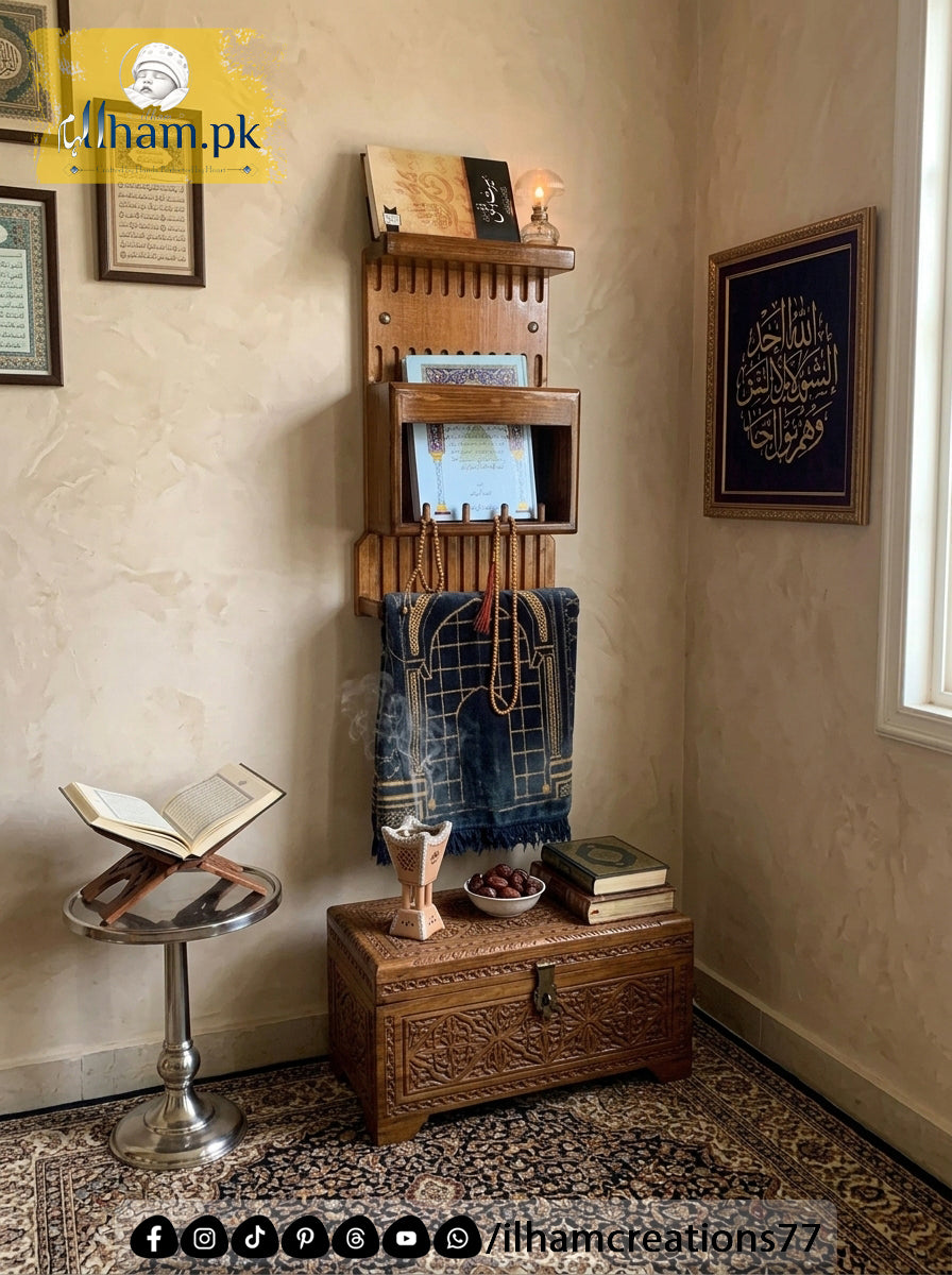 Wooden 4in1 Quran Hakeem Holder with Prayer Mat and Tasbeeh Hanger and Book Shelf | ilham Creations