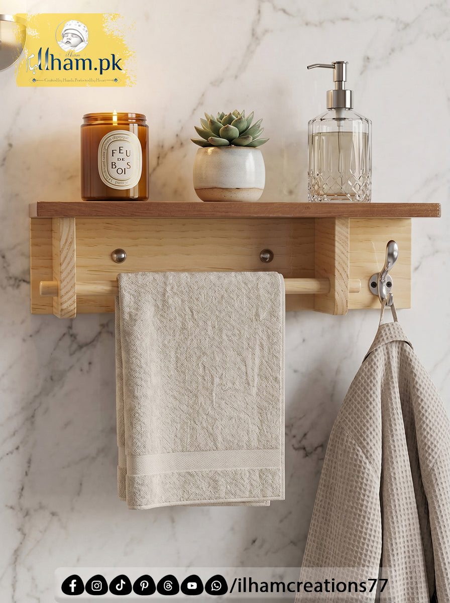 Wooden Bath & Hand Towel Hanger with 1 Utility Hook and Storage Shelf | Ilham.pk