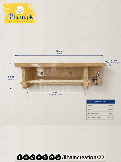 Wooden Bath & Hand Towel Hanger with 1 Utility Hook and Storage Shelf | Ilham.pk