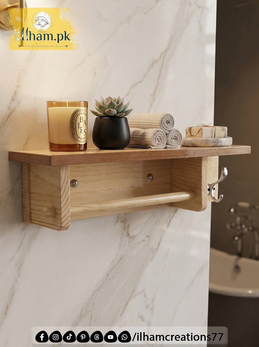 Wooden Bath & Hand Towel Hanger with 1 Utility Hook and Storage Shelf | Ilham.pk