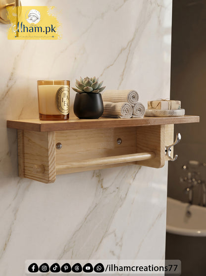 Wooden Bath & Hand Towel Hanger with 1 Utility Hook and Storage Shelf | Ilham.pk