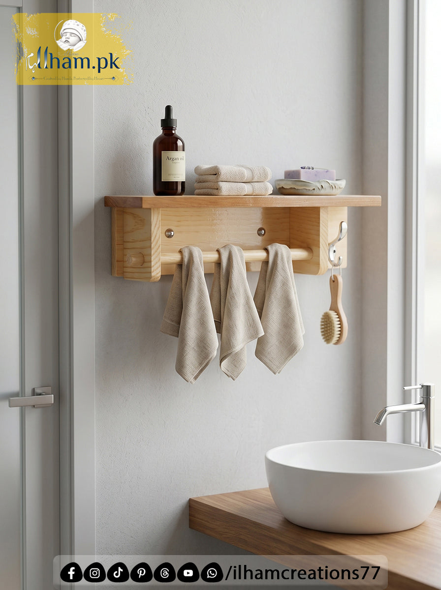 Wooden Bath & Hand Towel Hanger with 1 Utility Hook and Storage Shelf | Ilham.pk