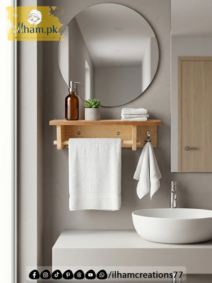 Wooden Bath & Hand Towel Hanger with 1 Utility Hook and Storage Shelf | Ilham.pk