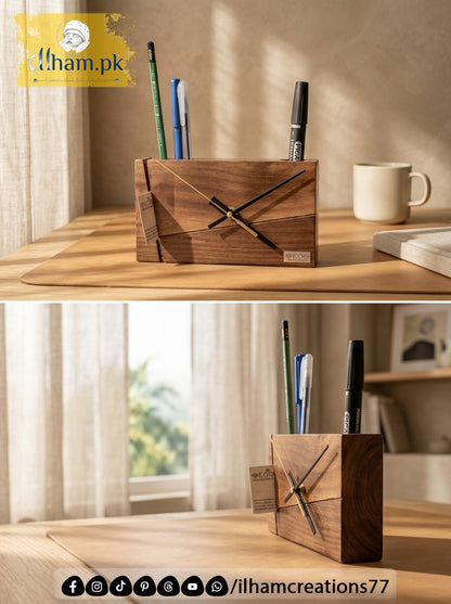 Wooden Office Table Clock with Pen & Marker Stand - Ilham Creations