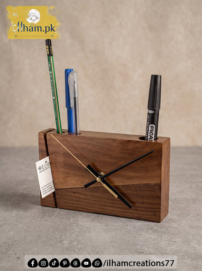 Wooden Office Table Clock with Pen & Marker Stand - Ilham Creations