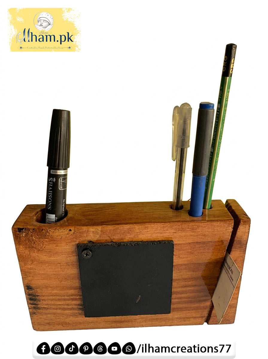 Wooden Office Table Clock with Pen & Marker Stand - Ilham Creations