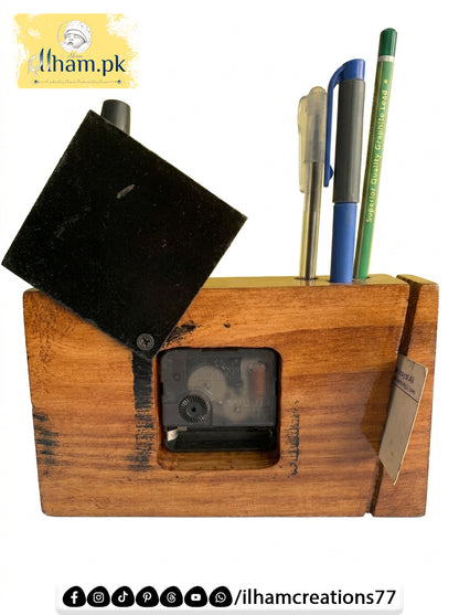 Wooden Office Table Clock with Pen & Marker Stand - Ilham Creations