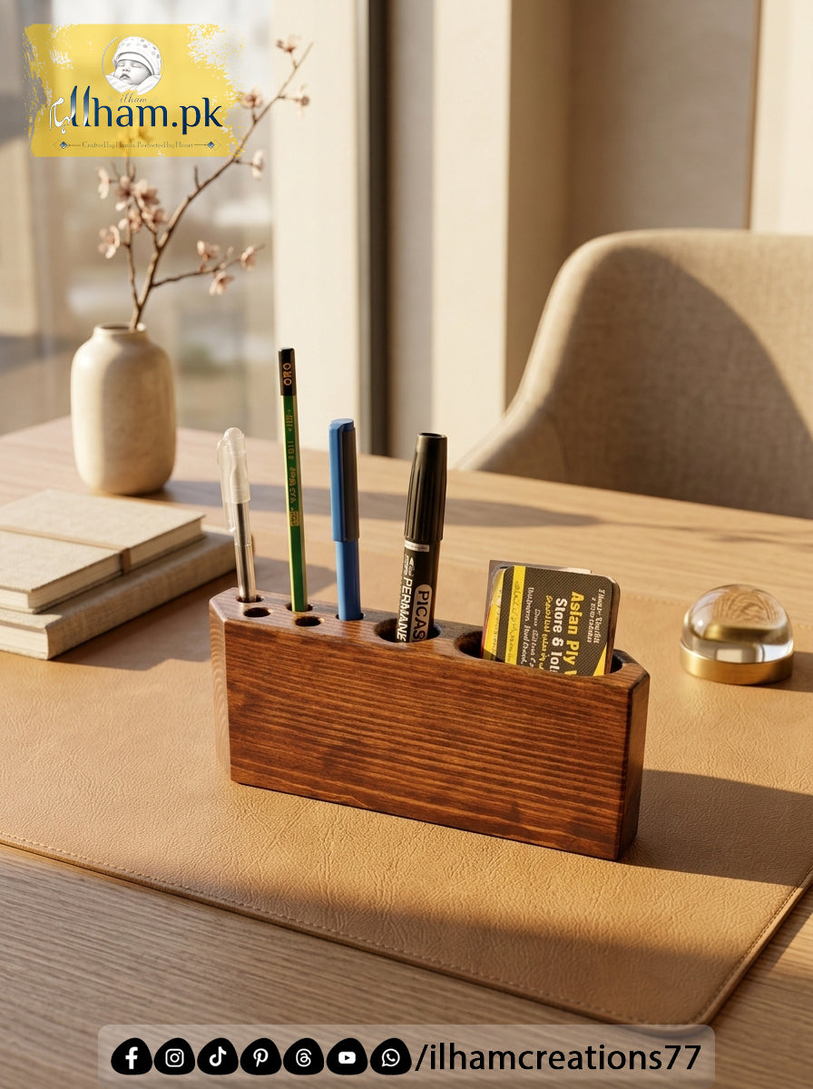 Wooden Pen & Visiting Card Holder for Office Table Organizer | ilham Creations