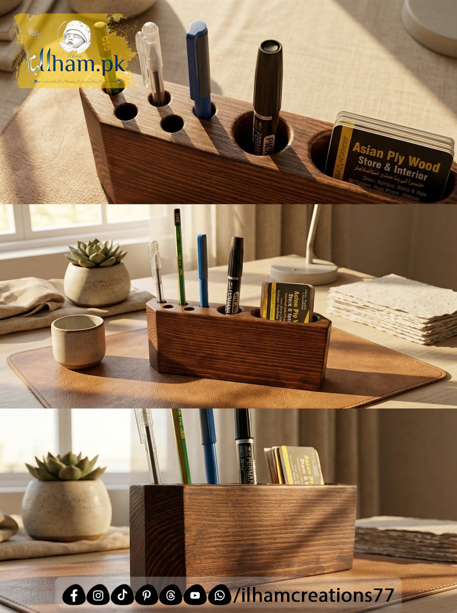 Wooden Pen & Visiting Card Holder for Office Table Organizer | ilham Creations