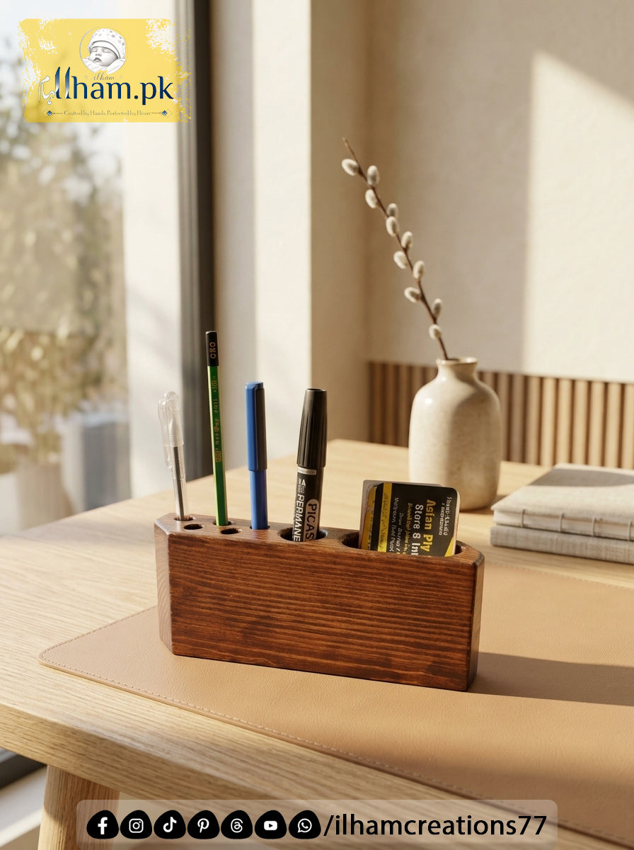 Wooden Pen & Visiting Card Holder for Office Table Organizer | ilham Creations