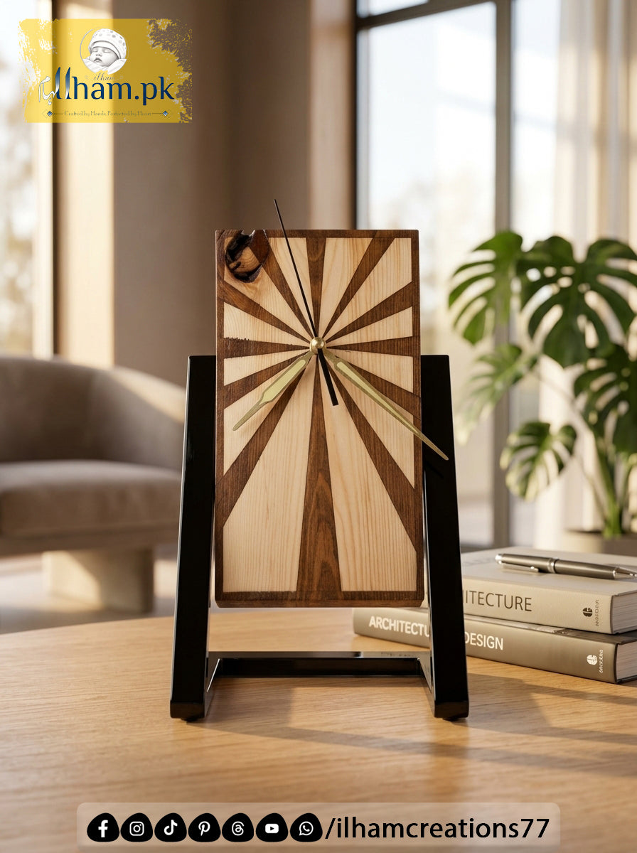Wooden Spiral Polished Table Clock with Stand - ilham Creations