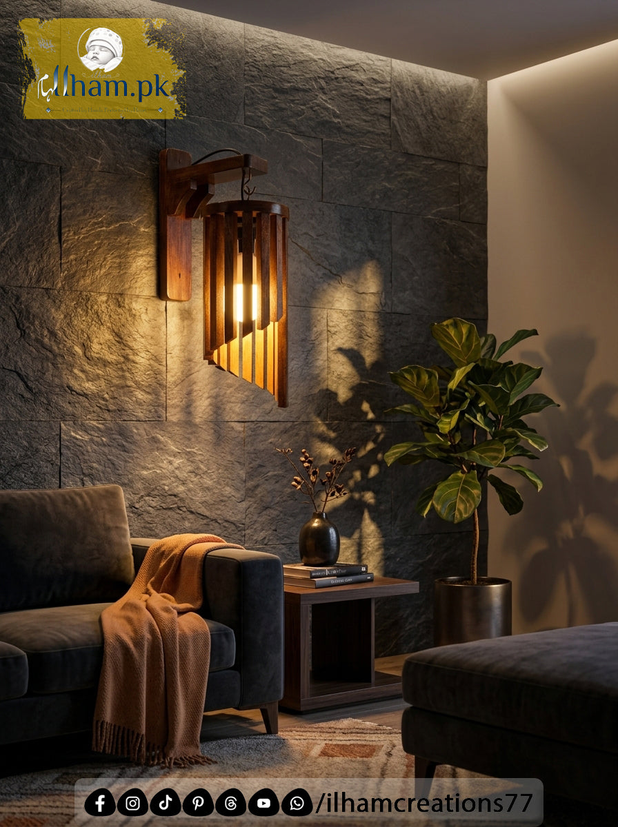 Wooden Spiral Wall Lamp - Rustic Solid Kayle Wood Light | ilham.pk