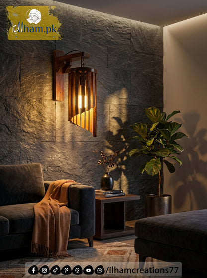 Wooden Spiral Wall Lamp - Rustic Solid Kayle Wood Light | ilham.pk