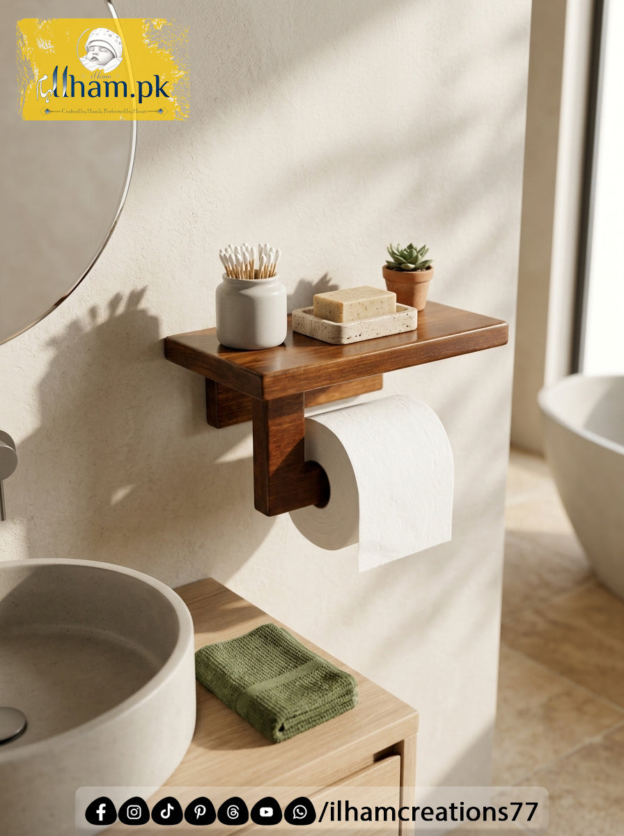 Wooden Tissue Roll Hanger with Storage Shelf – Bathroom Accessories | ilham.pk