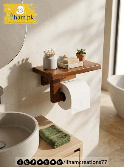 Wooden Tissue Roll Hanger with Storage Shelf – Bathroom Accessories | ilham.pk