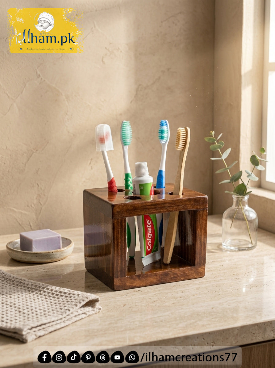 Wooden Toothpaste & Toothbrush Stand – Bathroom Accessories | ilham.pk