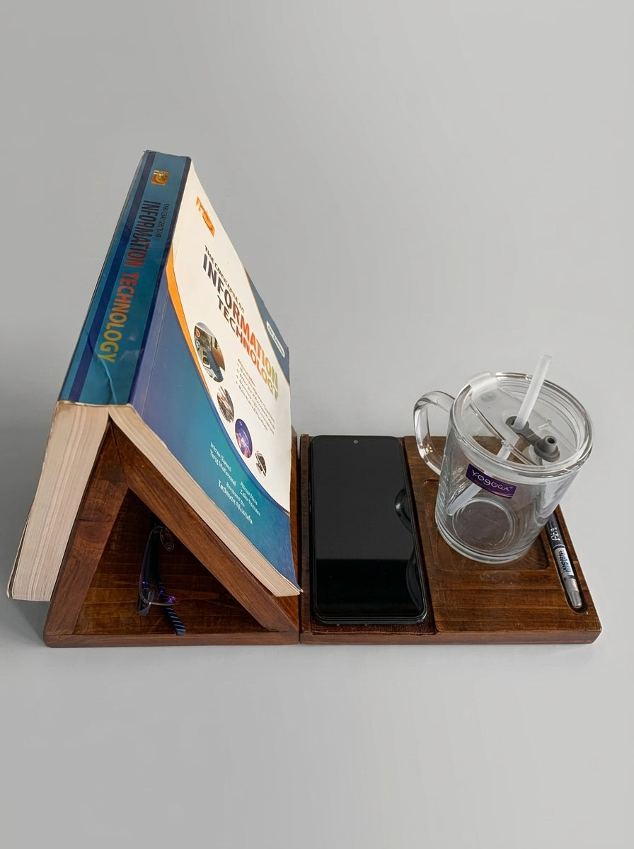Foldable Wooden Sofa Arm Book Stand & Organizer | Reading Companion