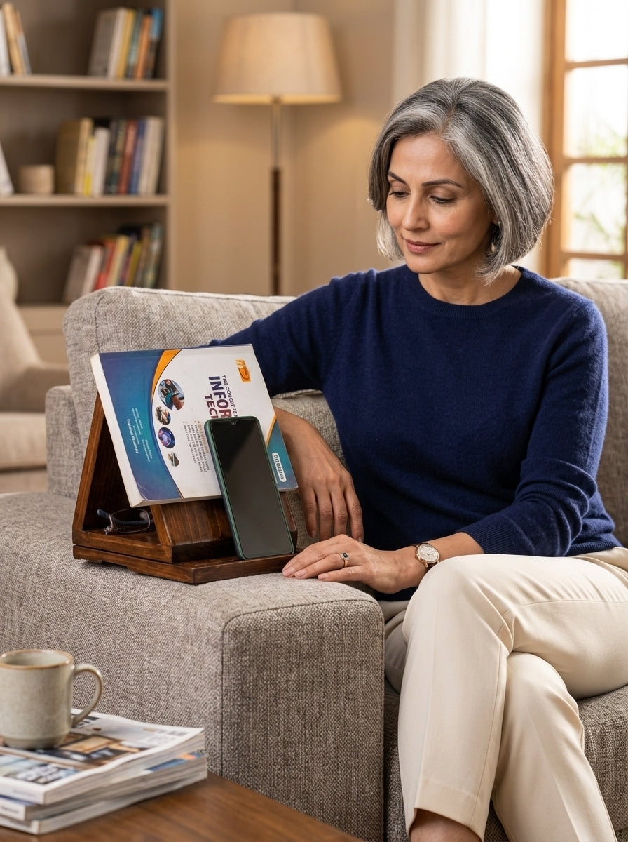Foldable Wooden Sofa Arm Book Stand & Organizer | Reading Companion
