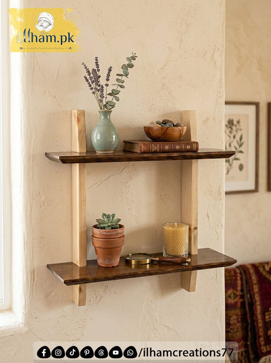 Elegant Handmade Wooden Two Tier Wall Storage Shelf | ilham.pk - ilham Creations
