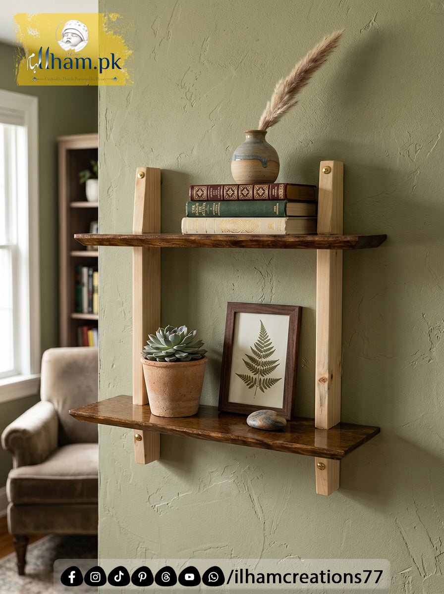 Elegant Handmade Wooden Two Tier Wall Storage Shelf | ilham.pk - ilham - Crafted by Hands, Perfected by Heart