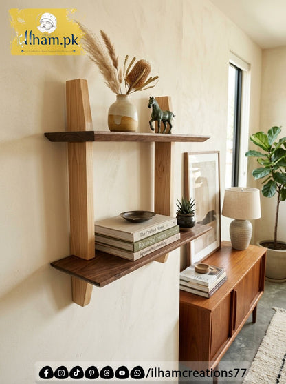 Elegant Handmade Wooden Two Tier Wall Storage Shelf | ilham.pk - ilham - Crafted by Hands, Perfected by Heart