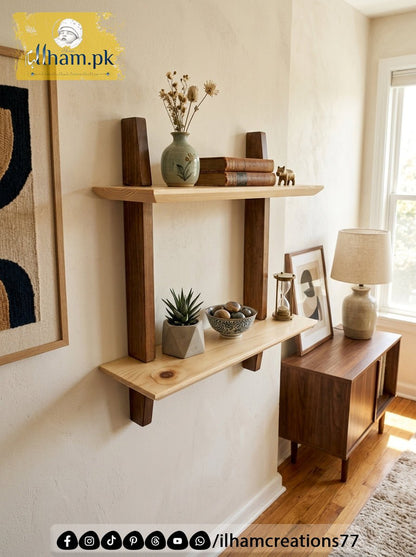 Elegant Handmade Wooden Two Tier Wall Storage Shelf | ilham.pk - ilham Creations