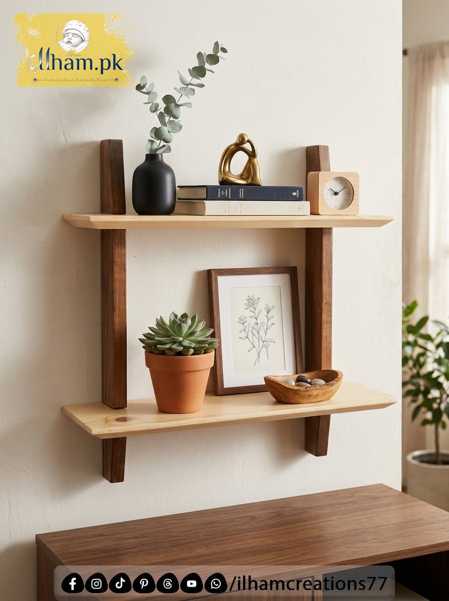 Elegant Handmade Wooden Two Tier Wall Storage Shelf | ilham.pk - ilham Creations
